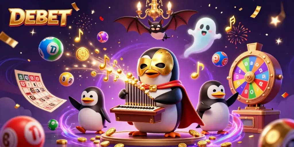 Engaging DEBET casino scene featuring a penguin playing an organ with coins, lottery balls, and vibrant effects.