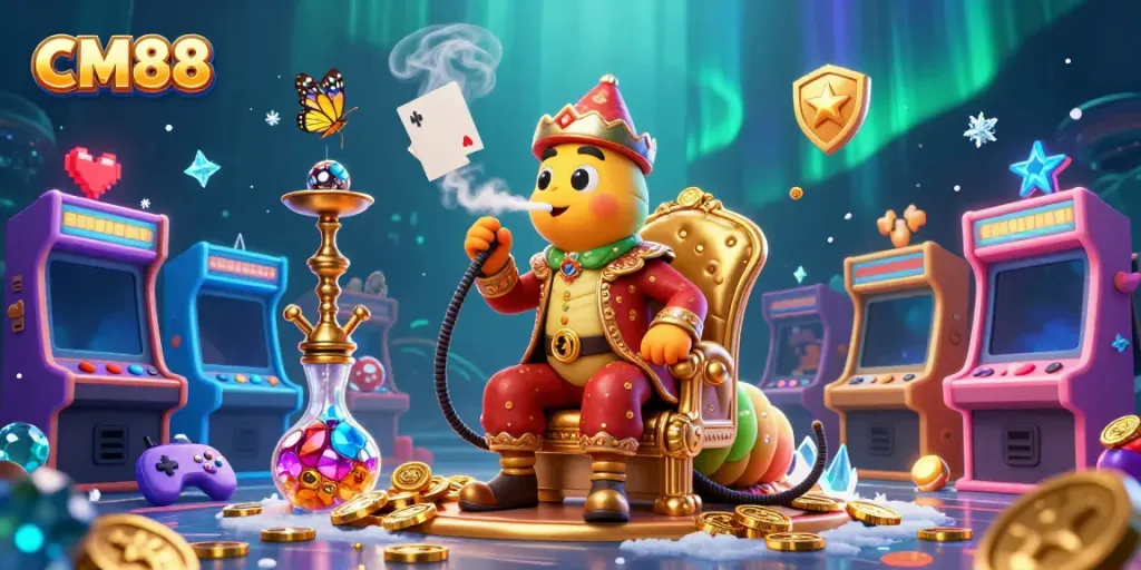 Experience CM88's vibrant gaming atmosphere with a caterpillar sultan in a casino-themed scene.