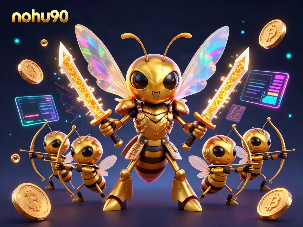 Engage with nohu90's vibrant gaming universe featuring a samurai hornet amidst a flourishing crypto landscape.