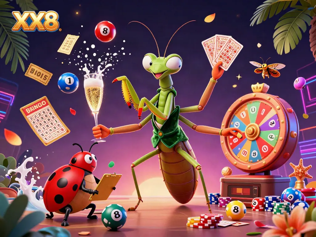 Experience the excitement of XX8 with a vibrant scene featuring a giant mantis card sharp, ladybug pit boss, and dynamic game elements.
