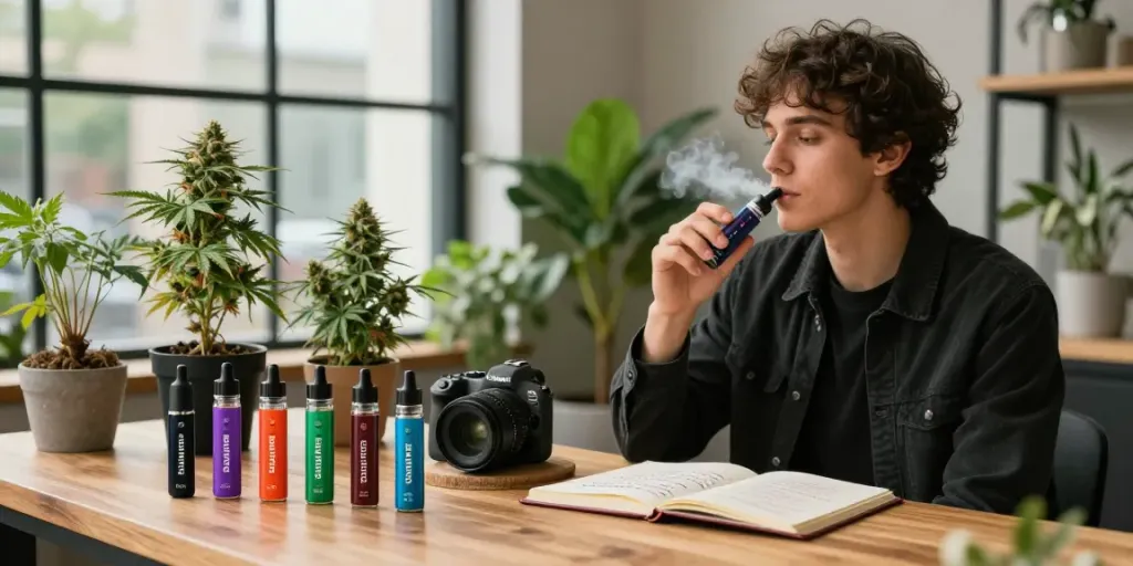 Boutiq Carts displayed in a modern urban workspace with a stylish vaper enjoying a Boutiq Switch Disposable.