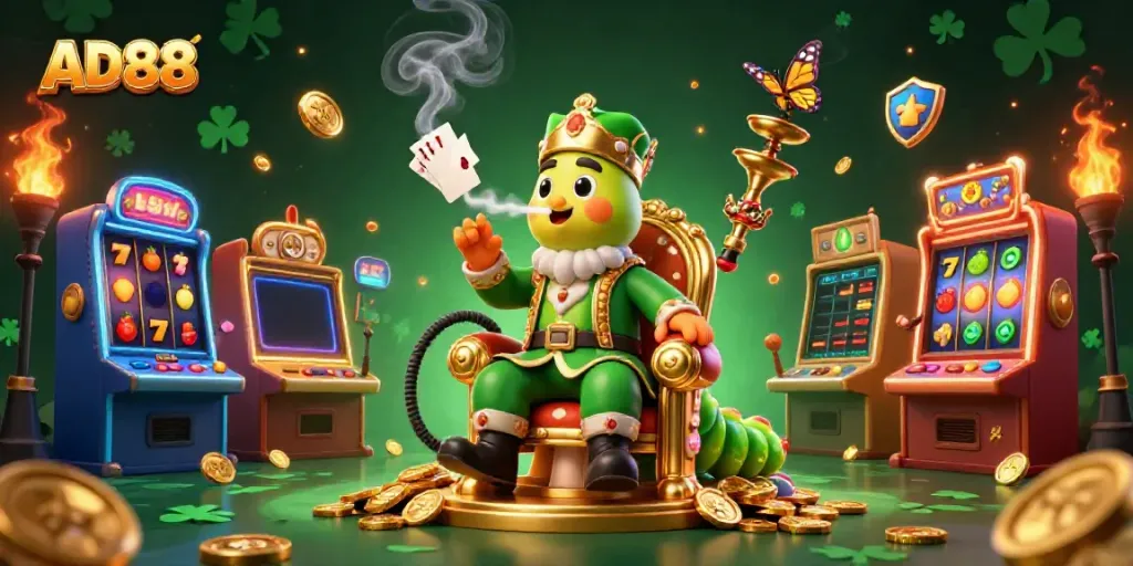 Engage with the thrilling AD88 casino world, featuring vibrant slot machines and a whimsical character.