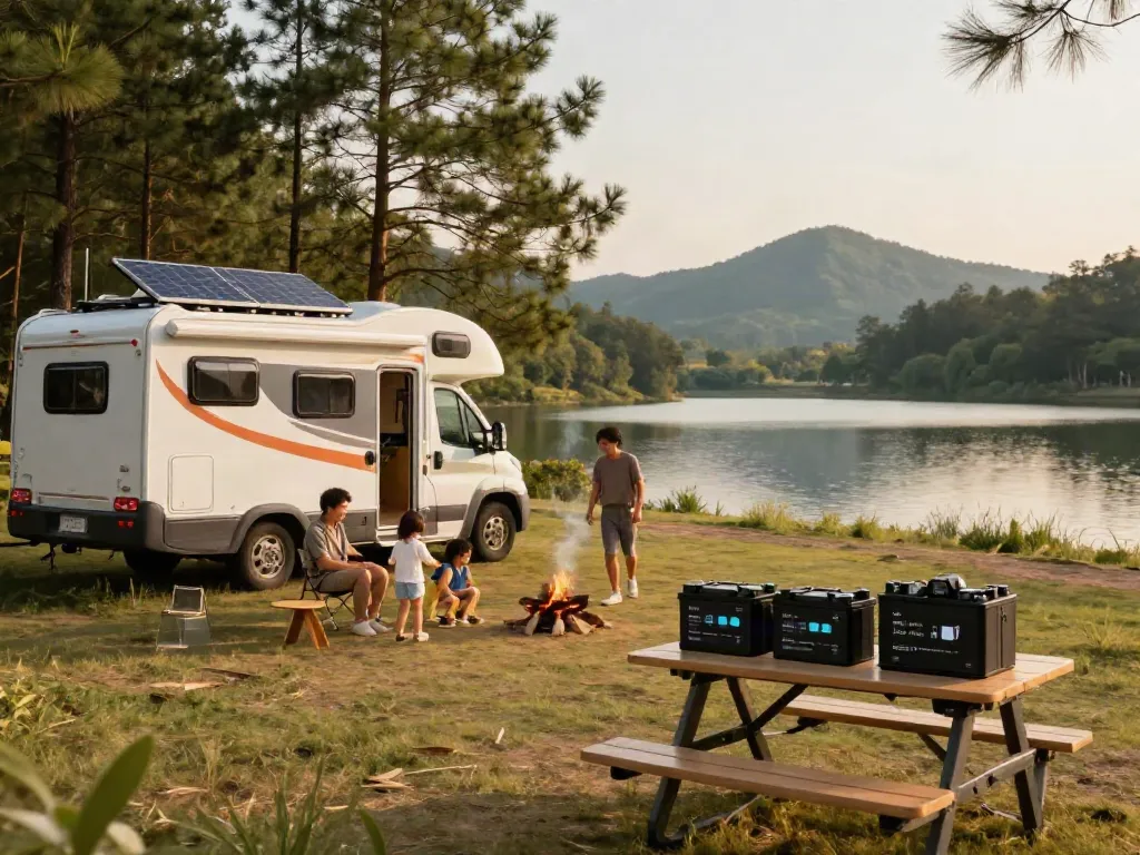 Family camping by an RV equipped with lithium RV batteries at sunset.