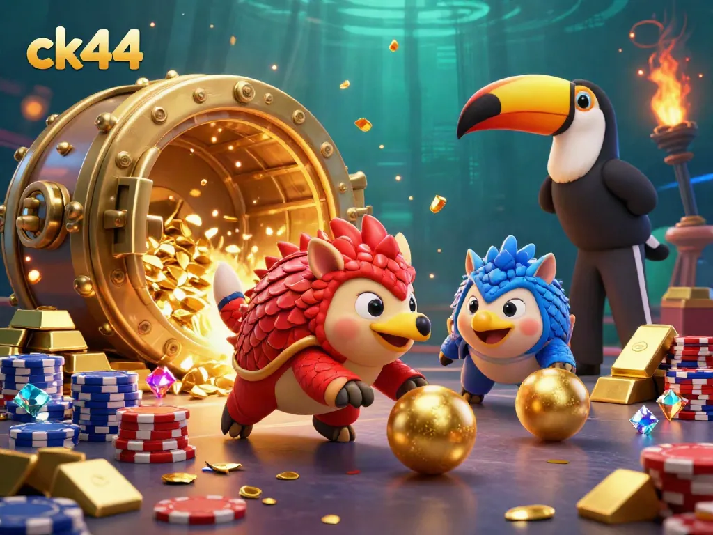 Experience thrilling action with ck44 pangolins bowling through poker chips in a dynamic casino scene.