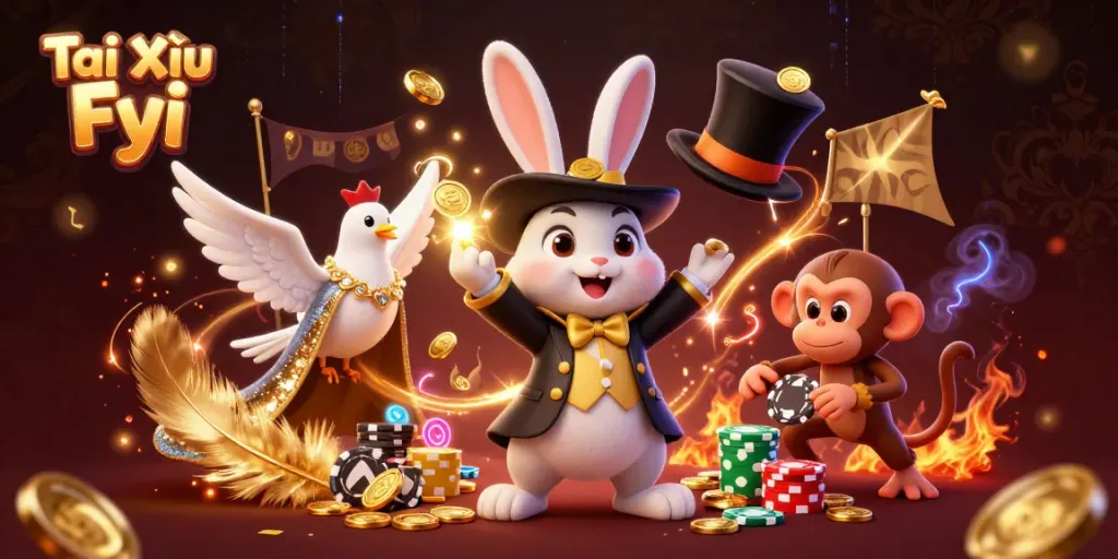Tài Xỉu Fyi showcases a lively 3D casino scene with a magician rabbit, dove, and monkey, emphasizing casino excitement.