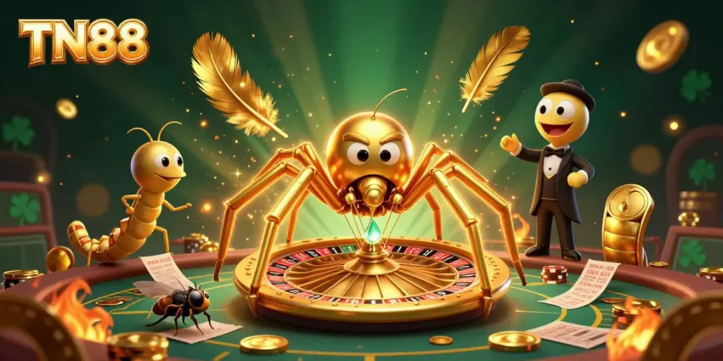 Experience thrilling bets with TN88 at a vibrant casino scene featuring a golden spider and centipede croupier.