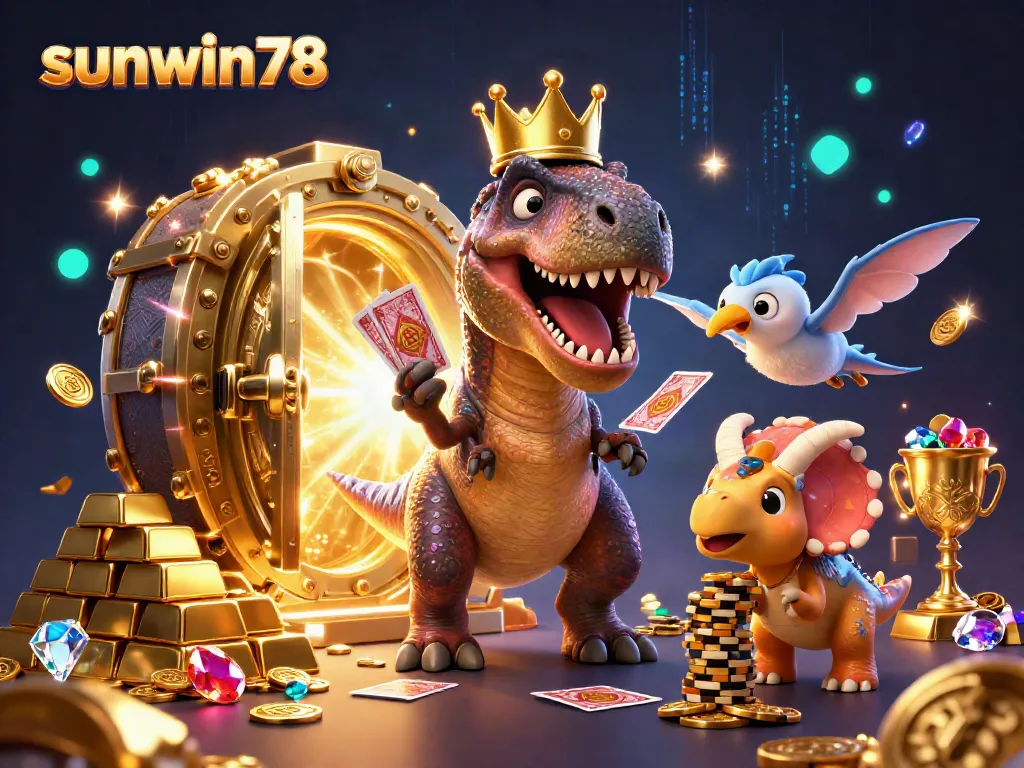 Experience vibrant gameplay with sunwin78 as a T-Rex shuffles cards and trico stacks chips in a lively casino.