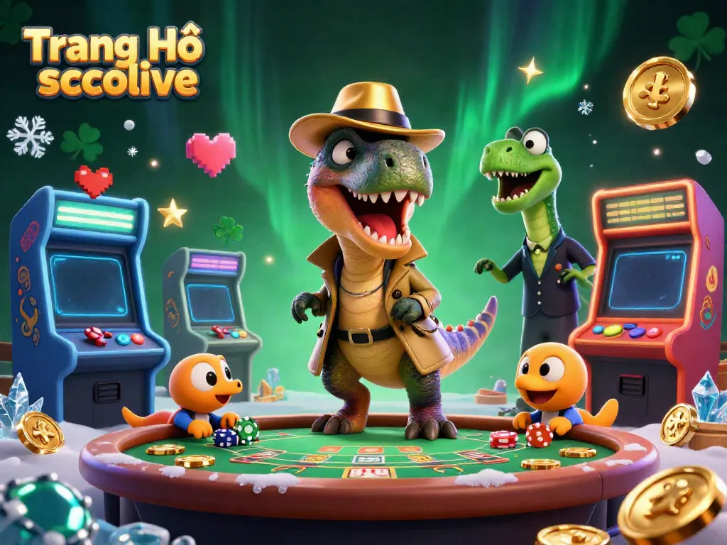 Experience exciting gaming action at Trang Chủ socolive with a velociraptor at a blackjack table and vibrant casino elements.