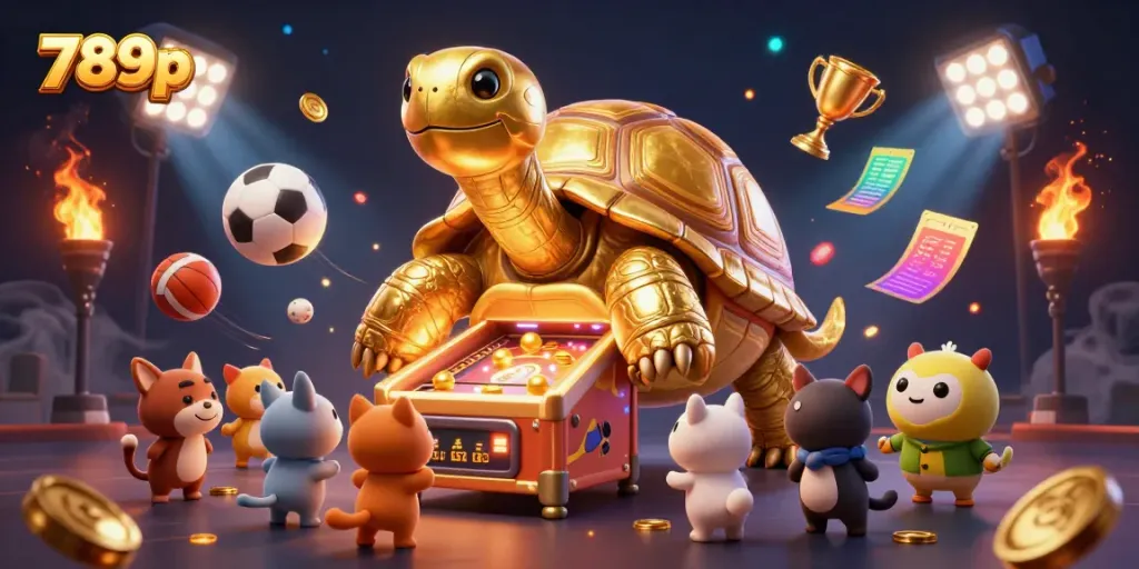 Experience winning with 789p in this vibrant casino-themed illustration of a unique golden tortoise game.