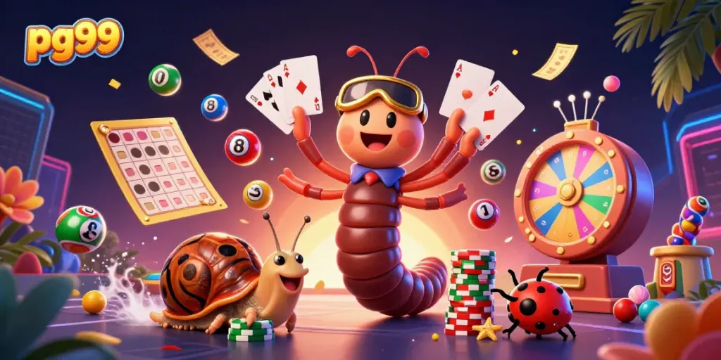 Engage with pg99's exciting casino experience featuring a whimsical card-dealing millipede.