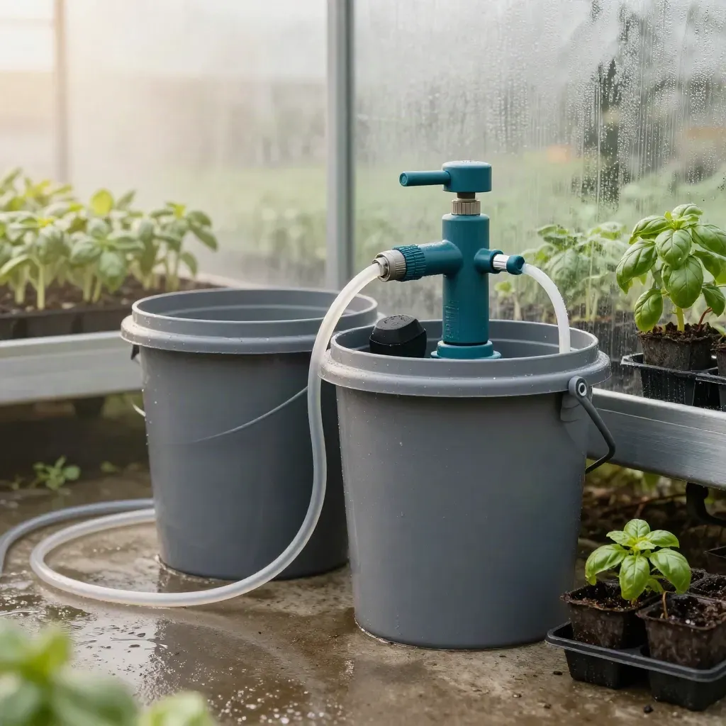 Two-bucket hydroponic DWC kit with pump, tubing and damp greenhouse light on wet concrete.