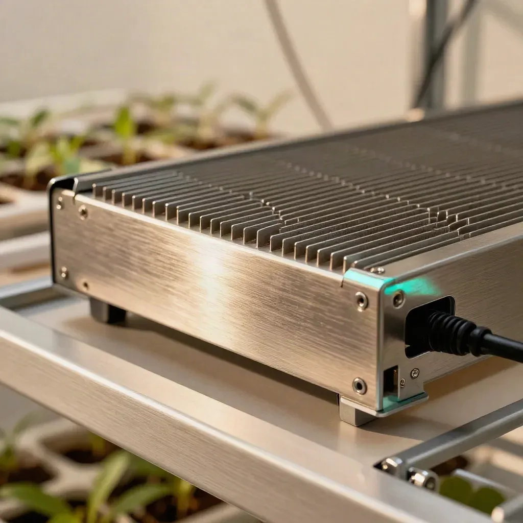 Unbranded LED grow panel with fins, brackets and cable in a bright hydroponic grow room.