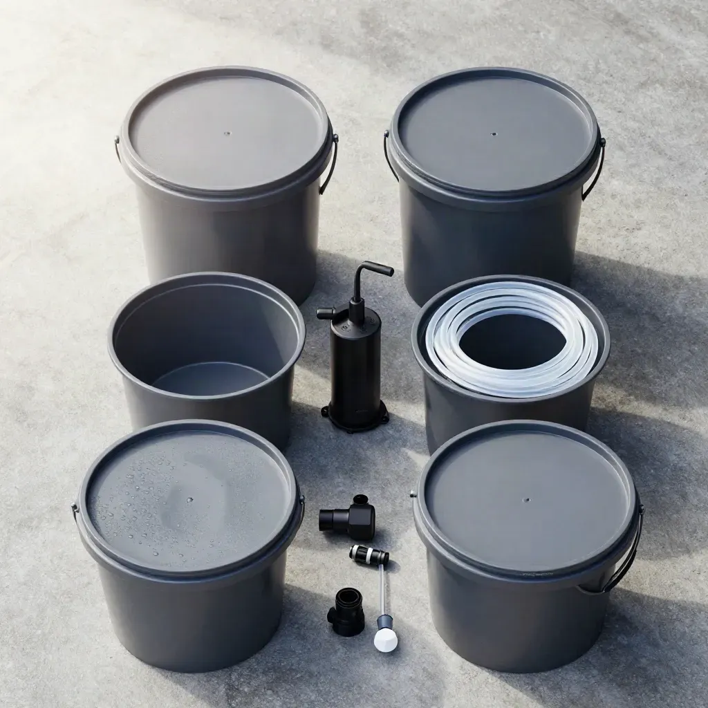 Overhead flatlay of a DWC hydroponic kit with buckets, pump, tubing, and net pot rings on wet concrete.