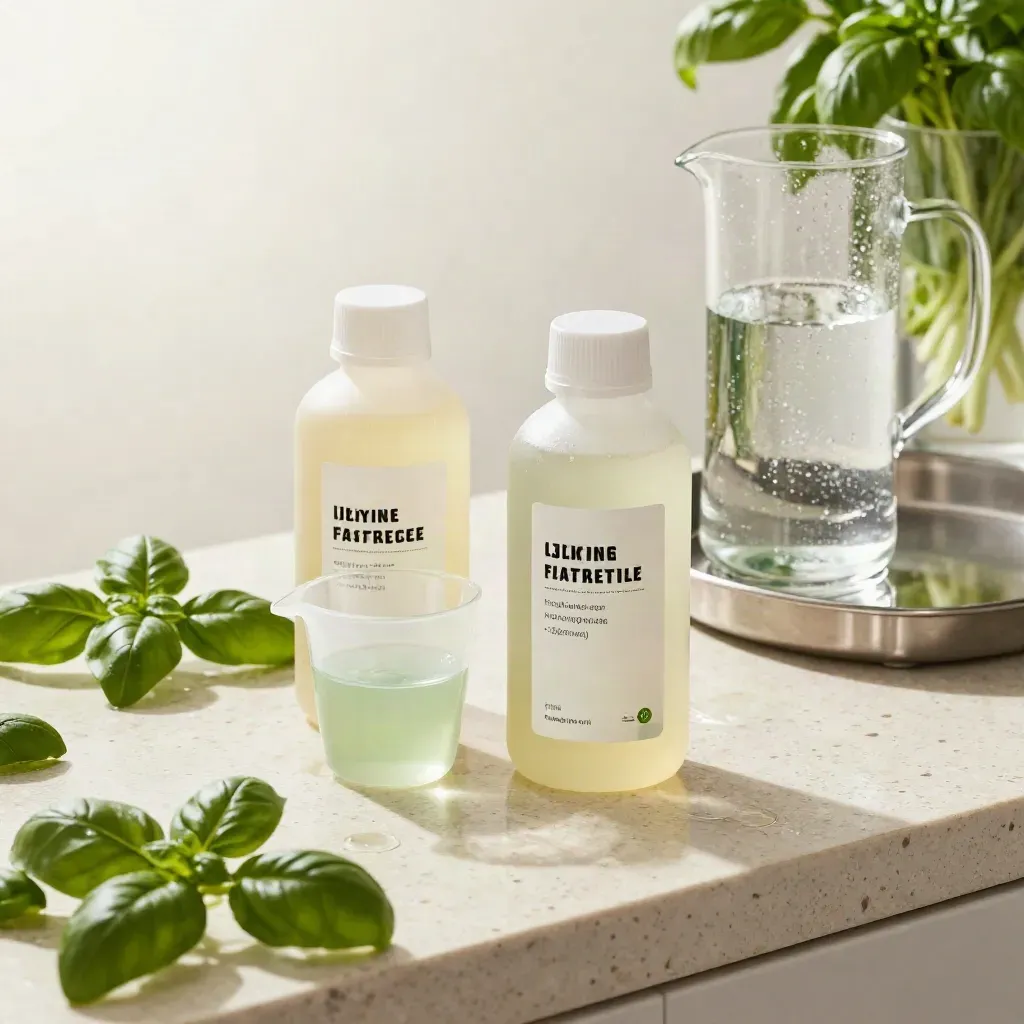 Unlabelled nutrient bottles, measuring cup, pitcher and basil on travertine in soft daylight.