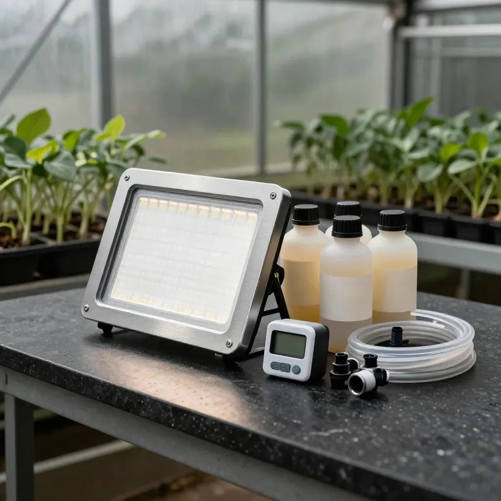 Hydroponic grow bundle with LED panel, timer, nutrient bottles and starter hardware on a dark bench.