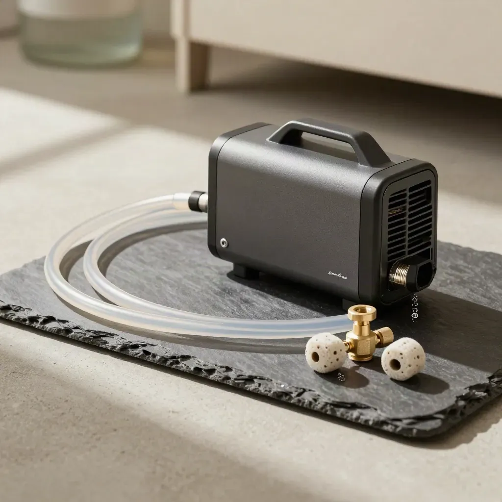 EcoAir air pump with tubing, air stones, and valve set on a slate concrete slab