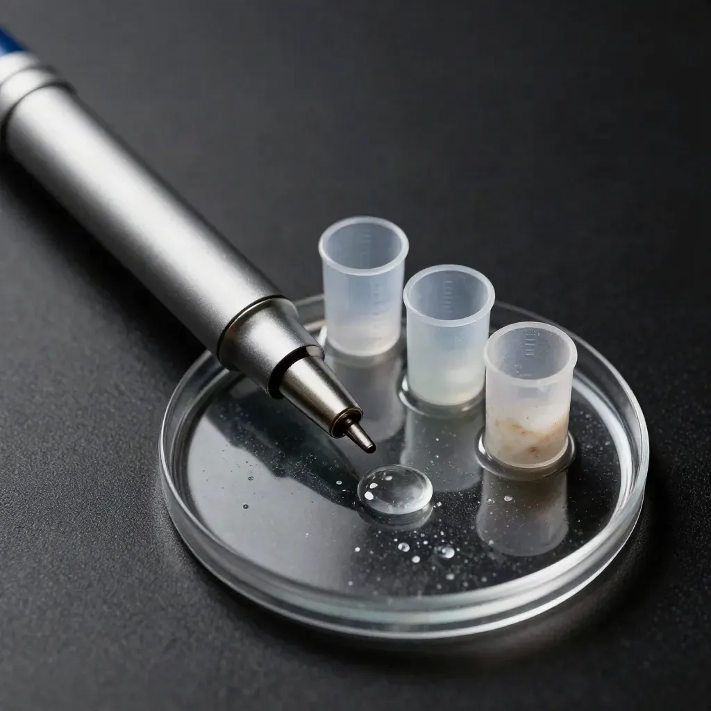 Macro pH tester kit with probe, cap, cups, and droplets on a dark studio surface.