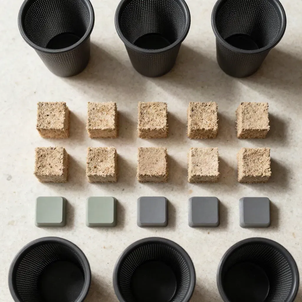 Overhead flatlay of hydro net pots, starter cubes and sage collar inserts in a precise grid.