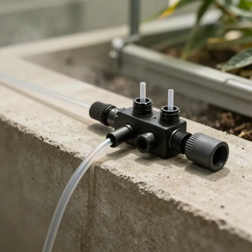 Drip line kit with tubing, emitters, manifold and fittings on a concrete ledge.