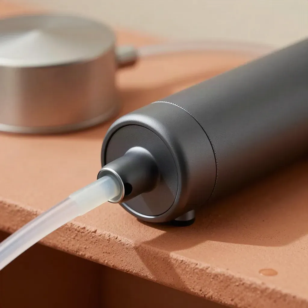 Macro side view of a compact air pump with hose outlet and translucent tubing on a terracotta shelf.