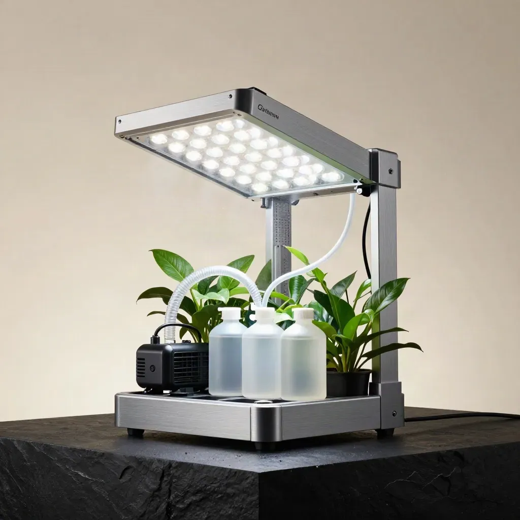 Hydroponic grow kit parts burst outward on a dark studio surface with cool rim light and haze.