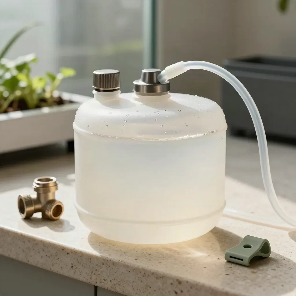 Six-gallon auto-fill hydroponic reservoir with lid, float valve and clear tubing on travertine.