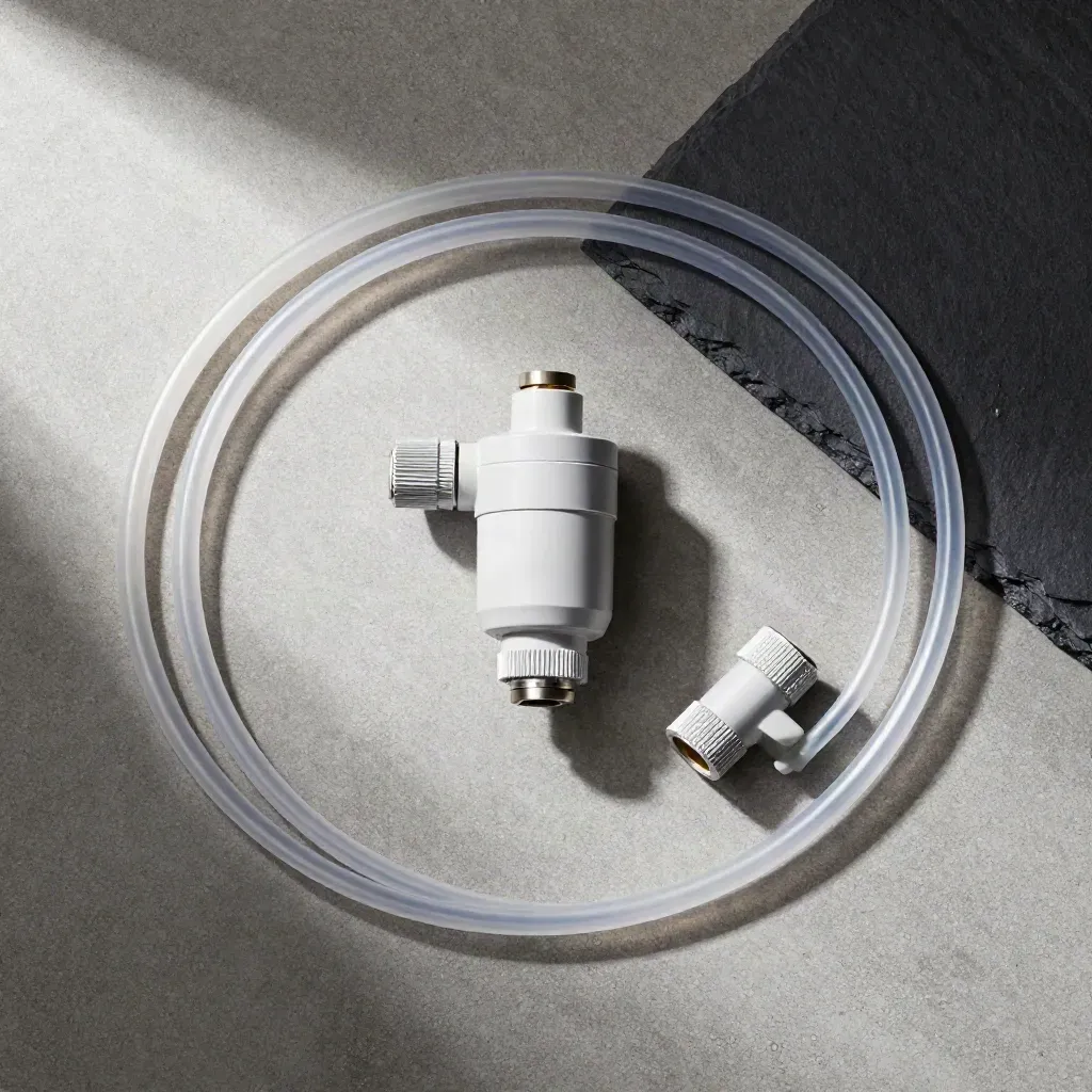 Overhead inline water filter kit with clear tubing and fittings on cool concrete.