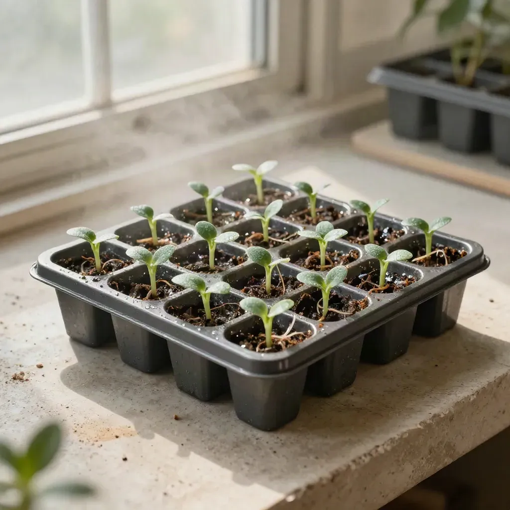 Tray of 72 seedling cubes with tiny sprouts in a misty greenhouse