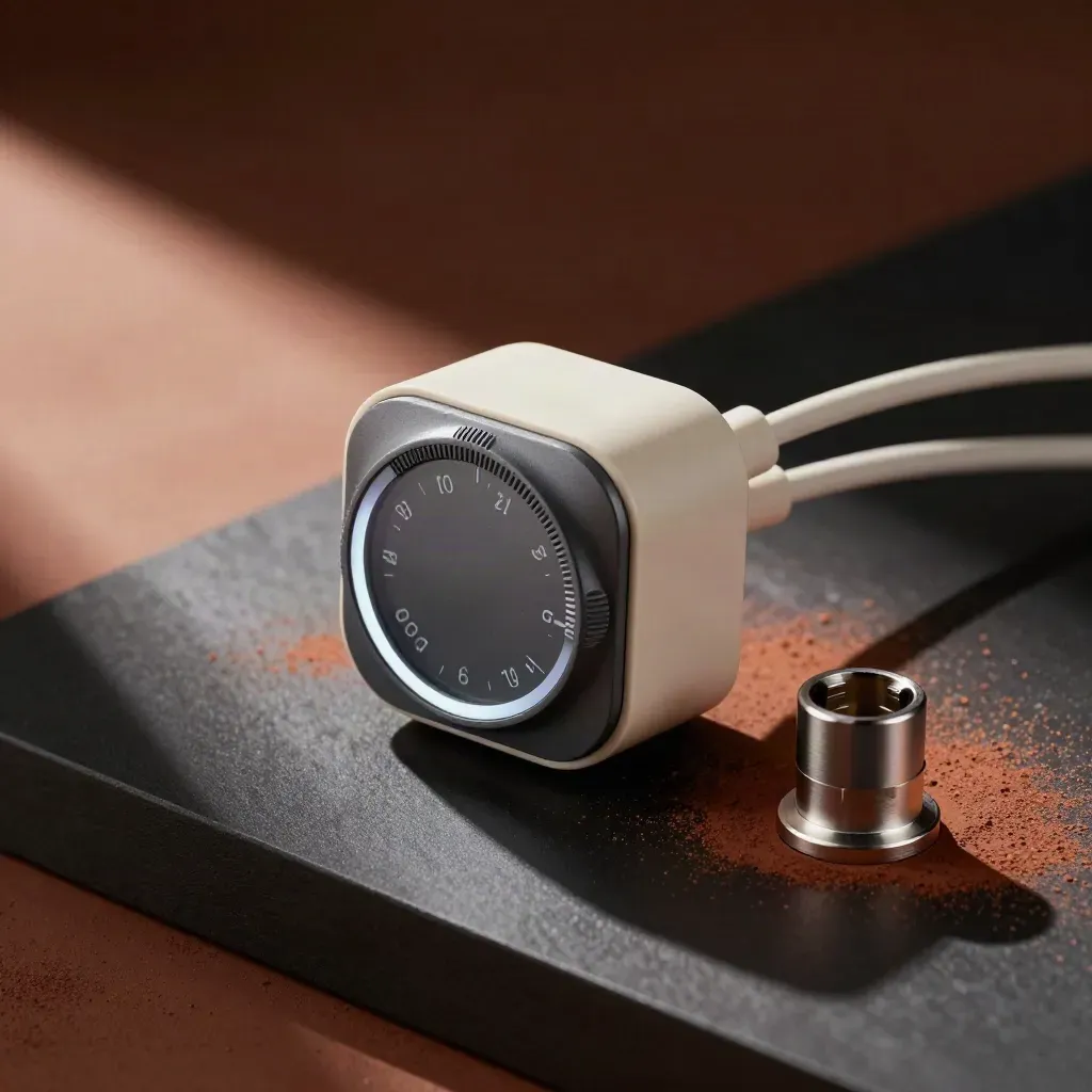 Unbranded digital timer plug with cable loop and adaptor on a dark hydroponic bench