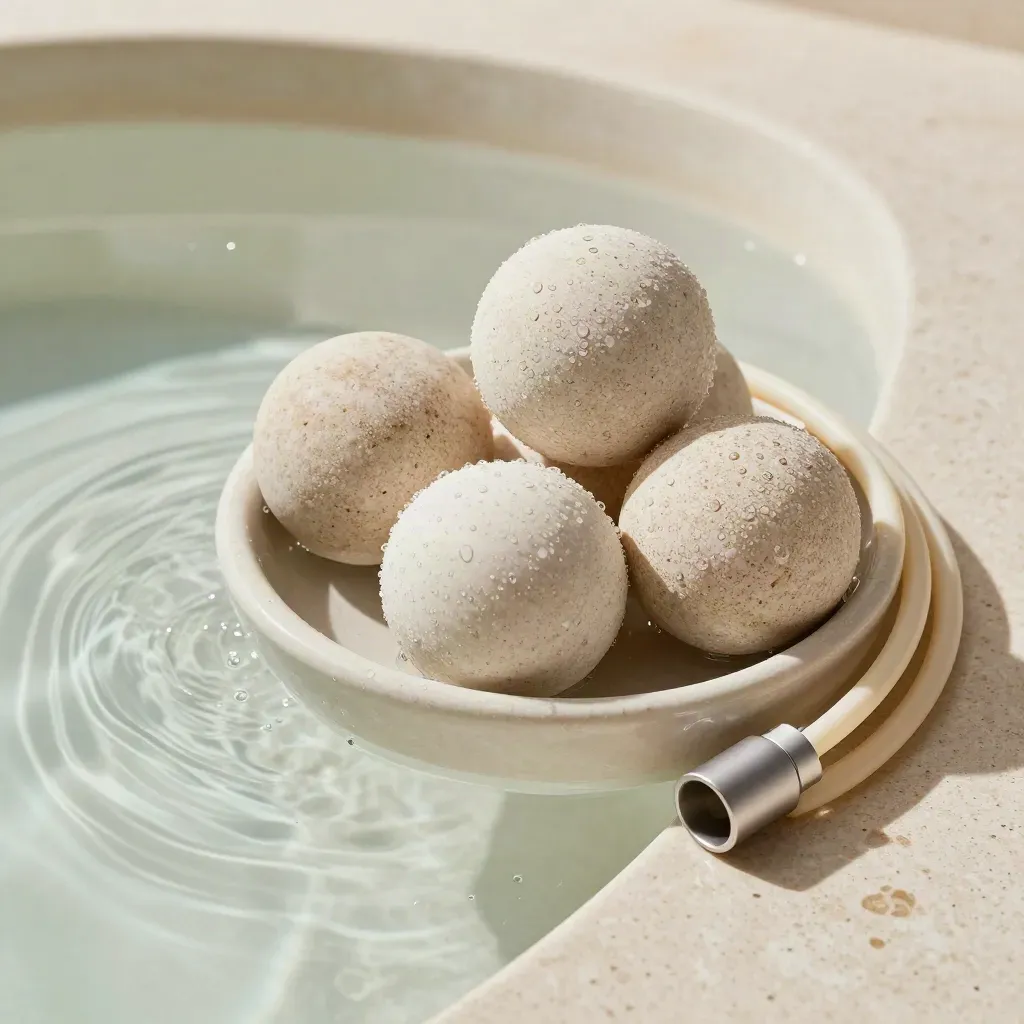Top-down hero of a bubbling air stone kit with tubing and connectors in a shallow water basin.
