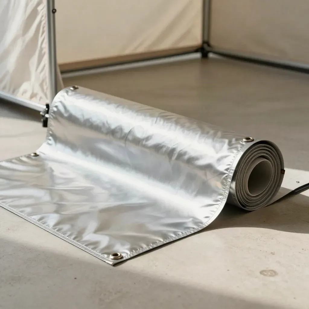 Reflective grow tent liner rolled and unfurling with clips on a bright grow-room floor.