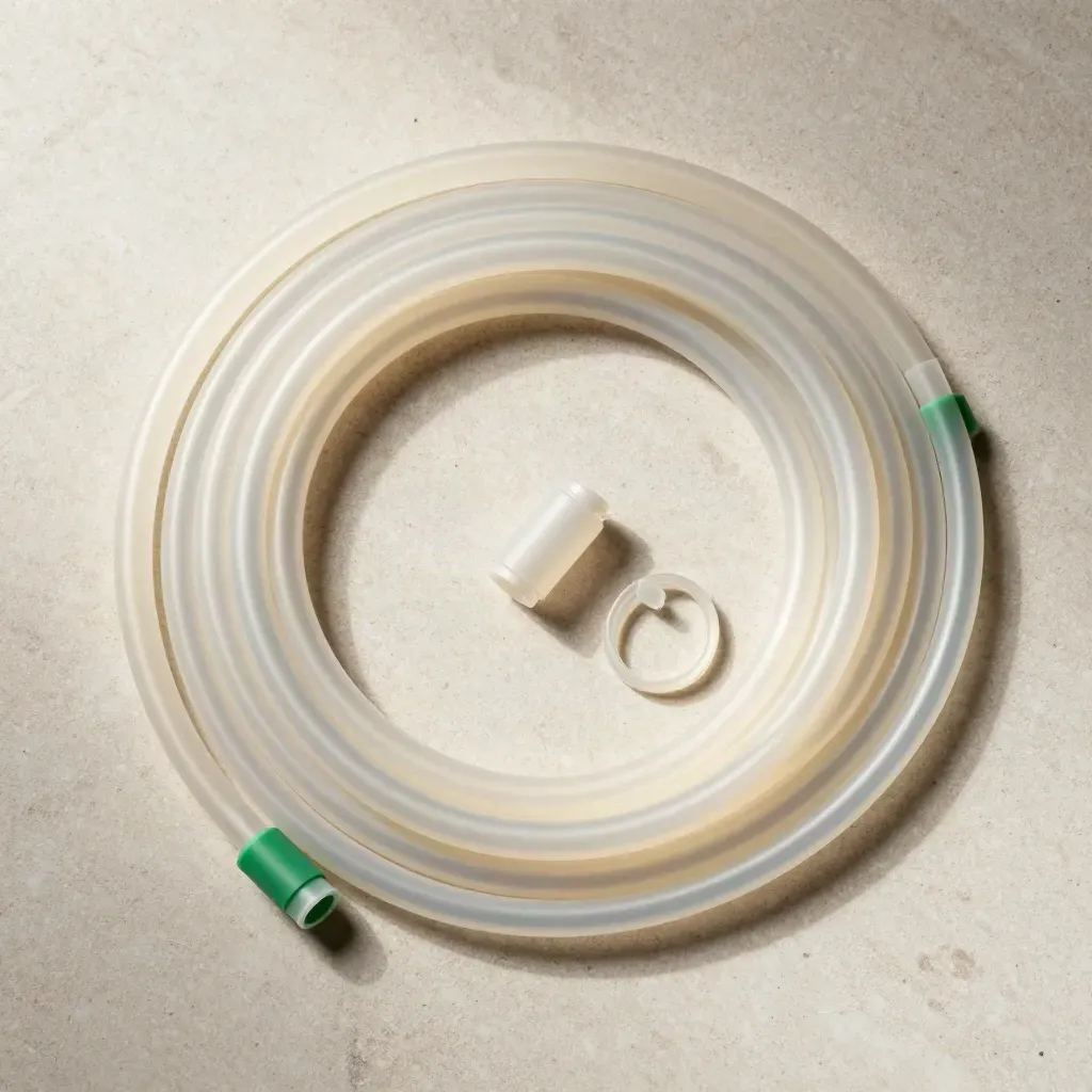Hydroponic silicone tubing roll with connectors on pale stone, overhead flatlay