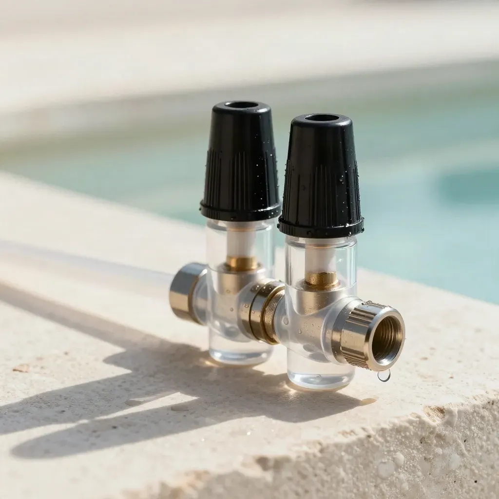 Two clear pump check valves with tubing and a suspended water droplet on pale stone.