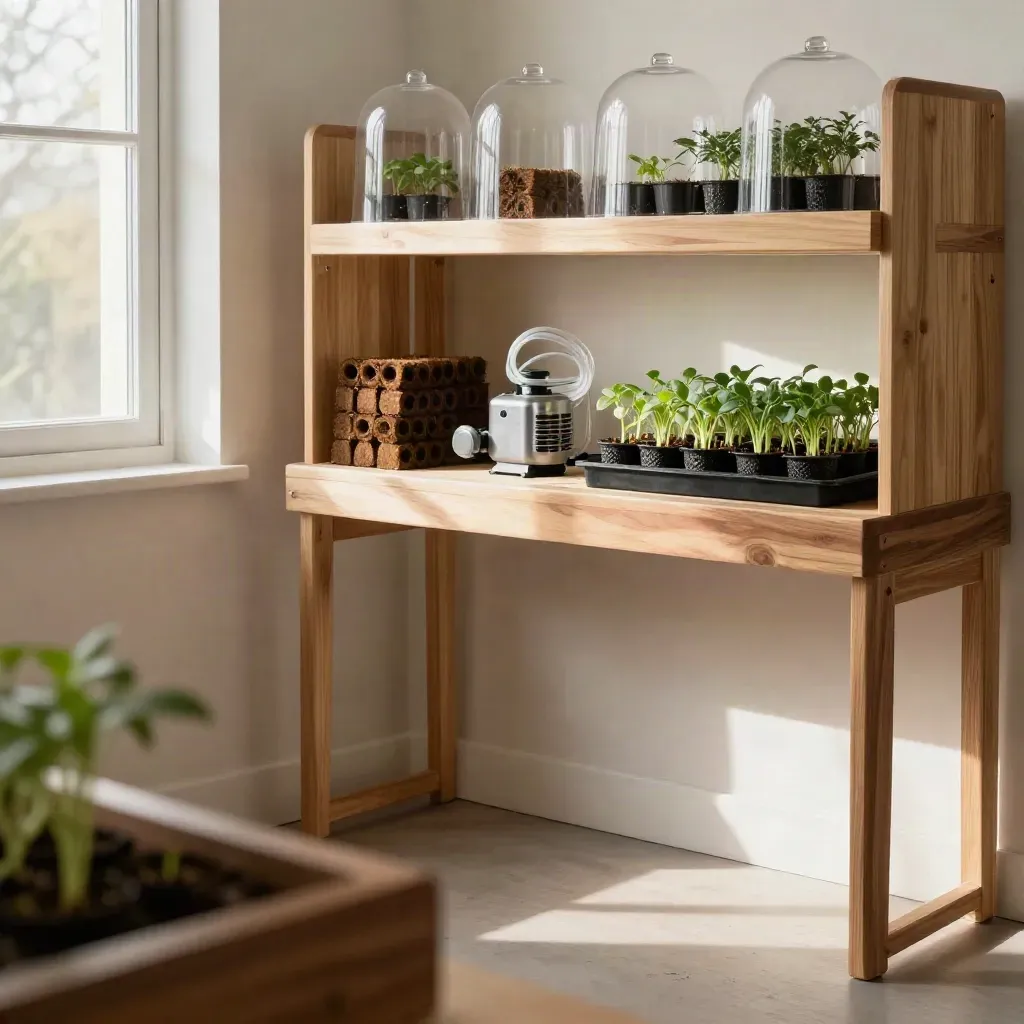 Warm hydroponic grow kit nook with seedlings on pale wood shelves and calm copy space.