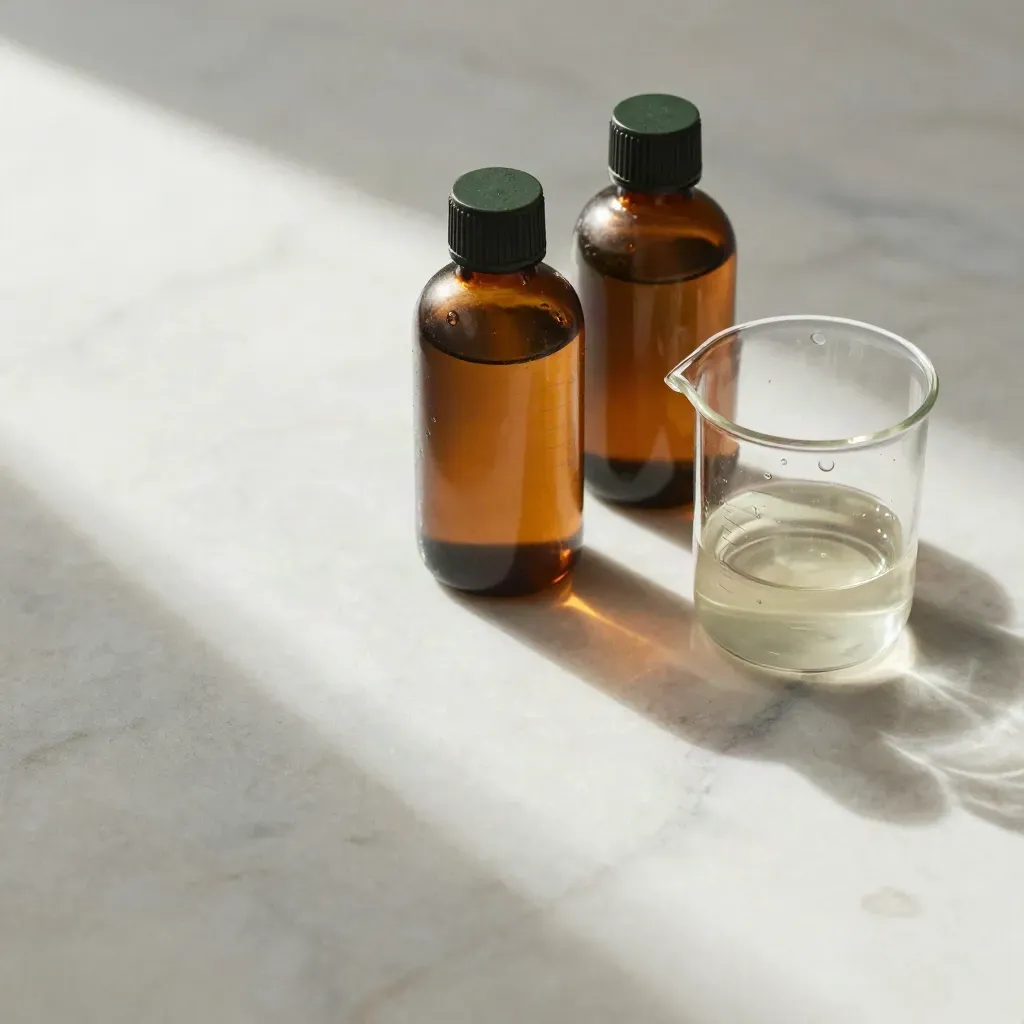 Marble prep surface with nutrient bottles, a glass measuring vessel and water drops in soft light.