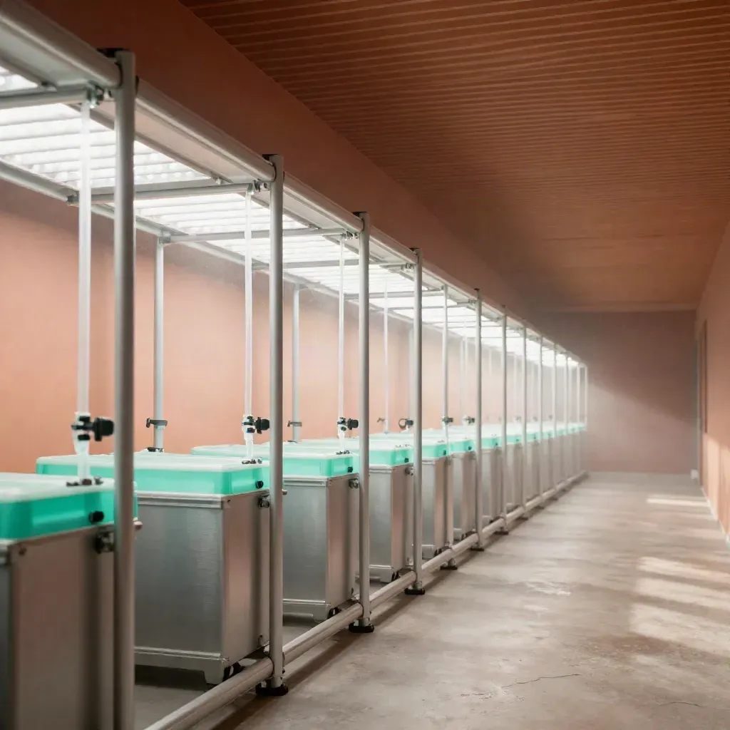 Sunlit hydroponic grow room corridor with hanging rails and glowing panels