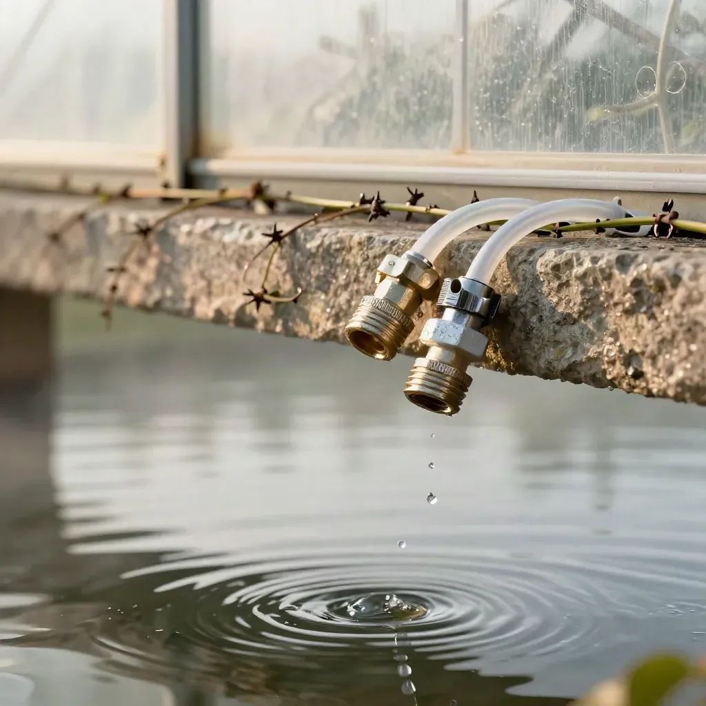Greenhouse ledge with irrigation fittings, dew, vines, and soft water reflections in late sun.