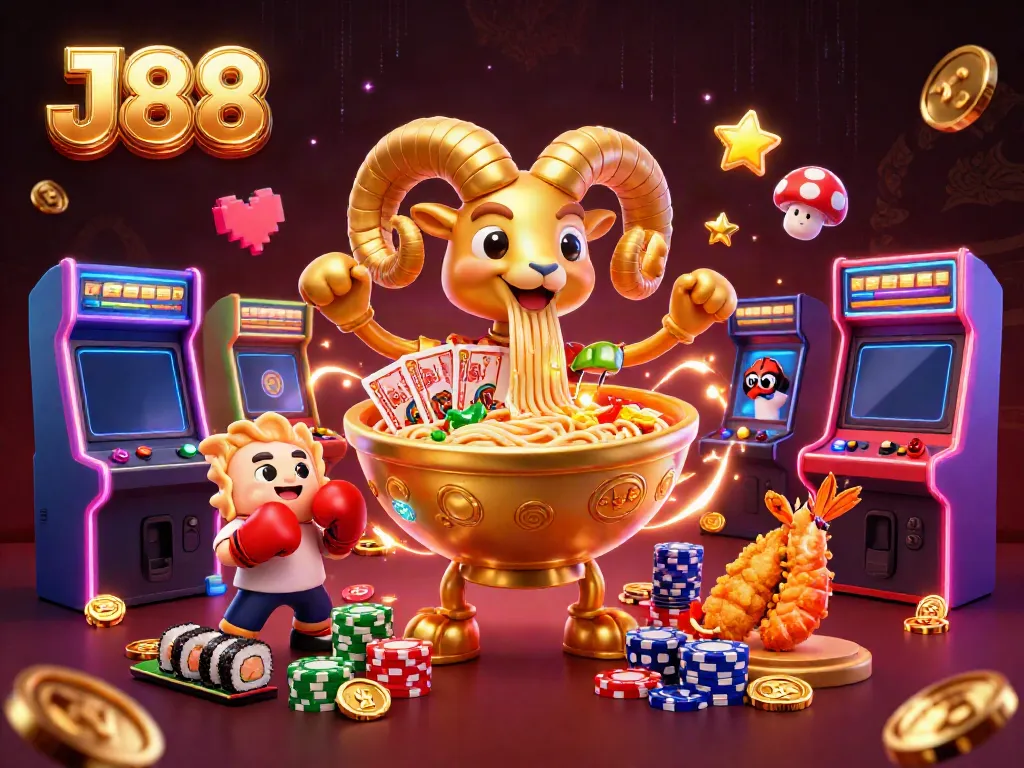 Engage in thrilling gameplay with J88 as a golden ramen bowl dealer in a vibrant casino setting.