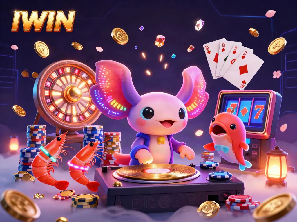 IWIN brings excitement with a neon axolotl DJ, vibrant casino elements, and lively underwater treasures.