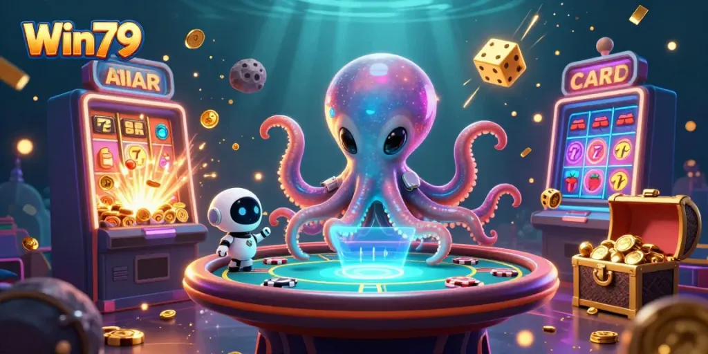Engage with the exciting Win79 gaming universe featuring an alien octopus and vibrant casino elements.