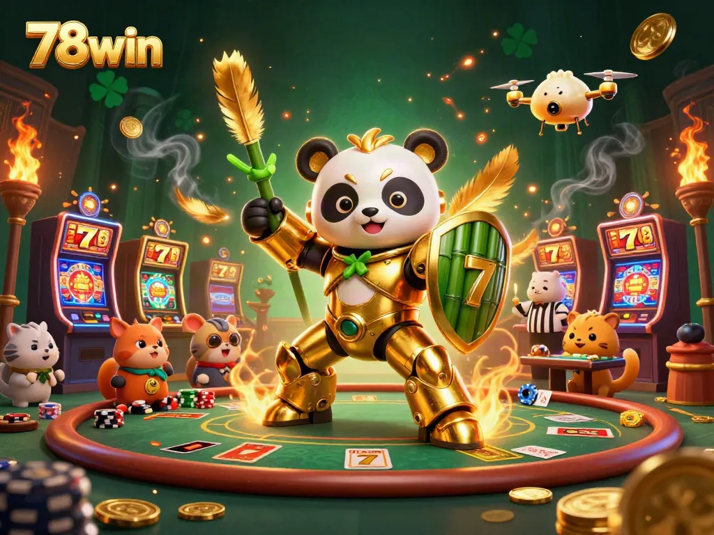 Experience the thrill of 78win with a mech-suit panda and dynamic gambling scene illustrating unmatched excitement.