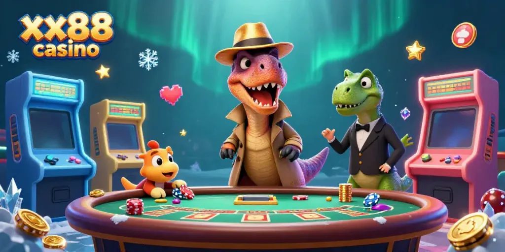 Experience the thrill at xx88 casino with a playful velociraptor card counter and vibrant gaming elements.