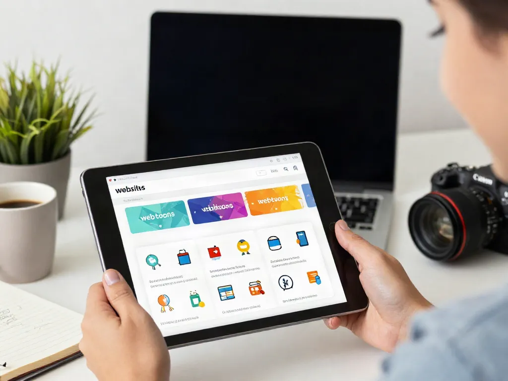 Finding the latest 주소모음 with a tablet displaying organized links and vibrant category icons.