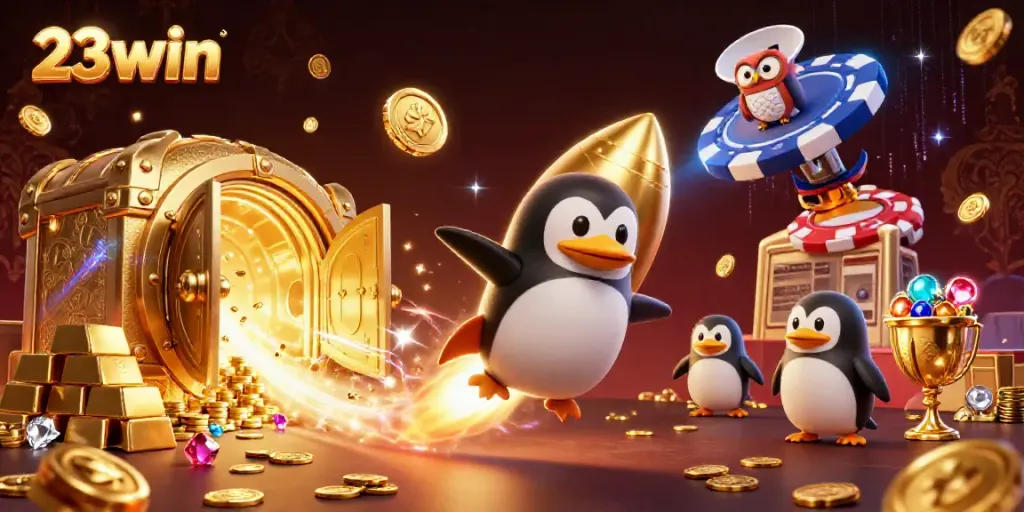 Experience the excitement of 23win with a golden penguin blasting through space toward a vibrant casino.