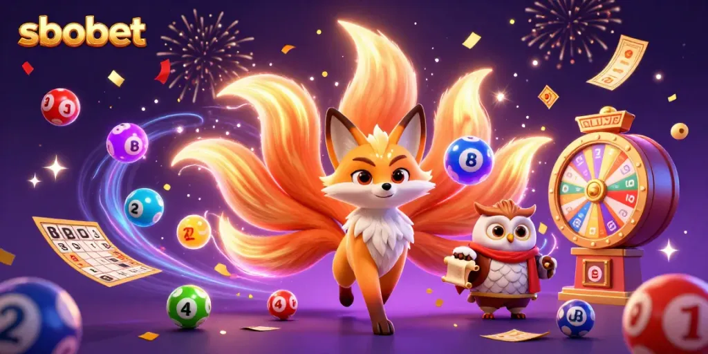 Experience sbobet with vibrant 3D illustration of a nine-tailed fox, owl, and dynamic game elements.