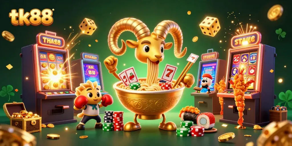 Experience thrilling gaming with the tk88 giant ramen bowl character, bursting slot machines, and dynamic casino elements.