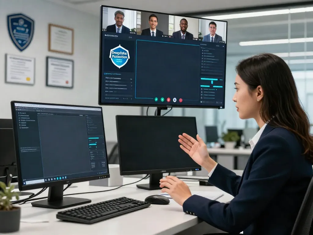 Deepfake protected Conferencing with professionals engaged in a secure video meeting, showcasing advanced technology and virtual collaboration.