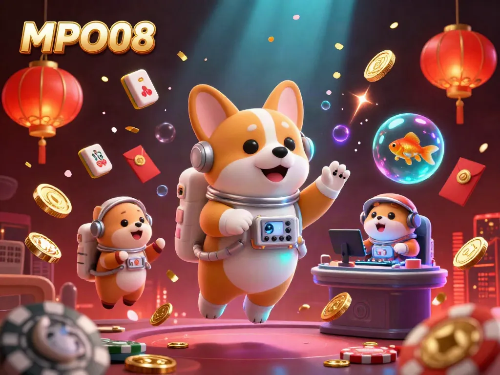 MPO08 brings excitement and chance inside a zero-gravity casino with a corgi and cosmic elements.
