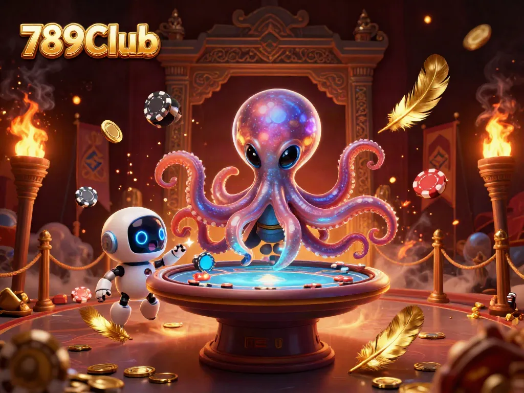 Experience thrilling gameplay at 789Club with vivid 3D characters betting around a holographic poker table.