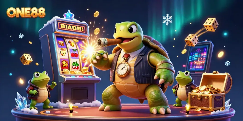 Experience excitement at ONE88 casino with a vibrant scene featuring a snapping turtle and bullfrogs amidst a jackpot.
